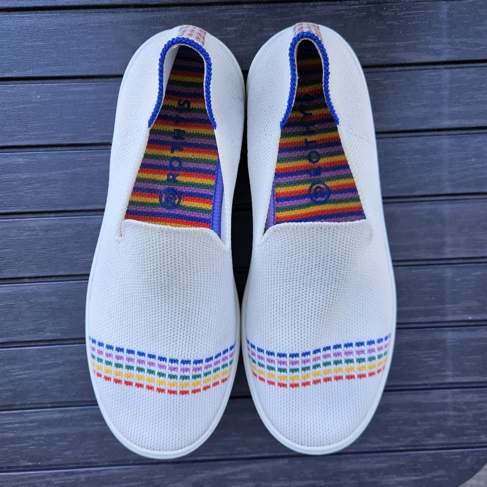Rothys The Kid Rainbow White Sneaker Slip On Shoes Youth Girls Size 4